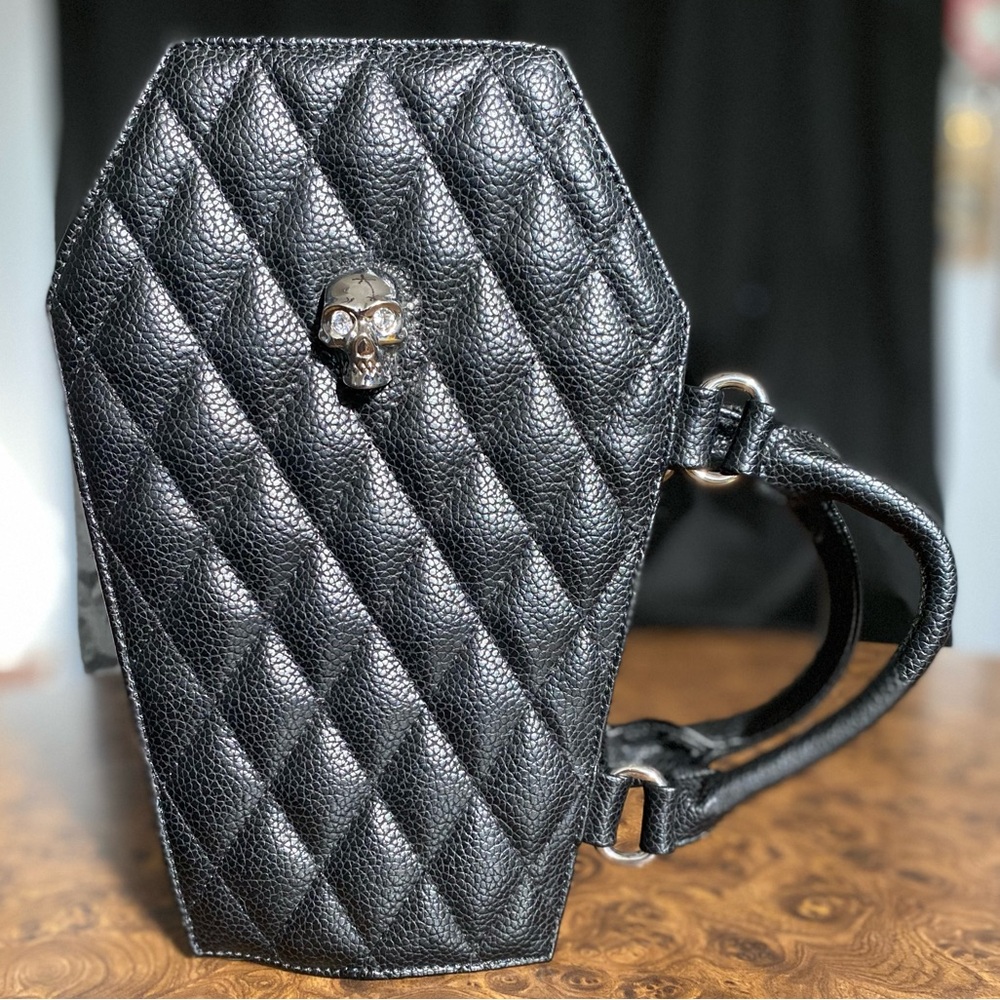 Lux de Ville Black Quilted Coffin Crossbody with Silver Skull Accent